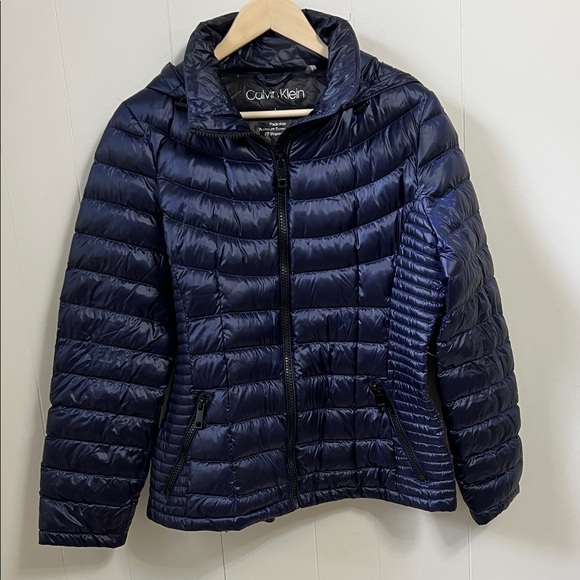 NEW Calvin Klein Shine Hooded Packable Down Puffer Coat Pearl Artisan Blue LARGE - Picture 1 of 16